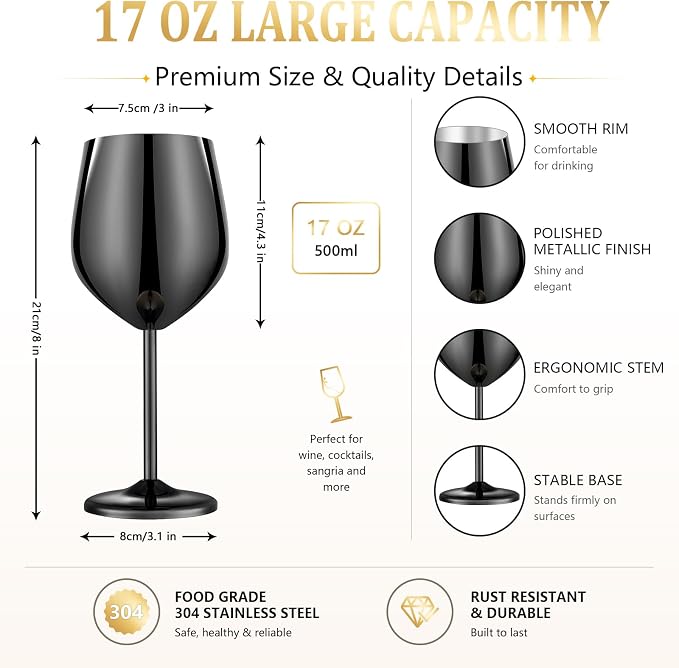 UNISWEET Unbreakable Stainless Steel Wine Glasses Set of 4, Mirror Black | 17oz Unique Fancy Metal Wine Goblets, Shatterproof, Ideal for Outdoor, Camping, Travel, Pool, Great Gift for Wine Lovers