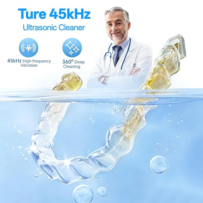 Ultrasonic Retainer Cleaner Machine, 45kHz Dental Cleaning Pod with Digital Timer for Dentures, Mouth Guards, Night Guards, Aligners, Toothbrush, Jewelry, Dental Appliances, 200ML Capacity