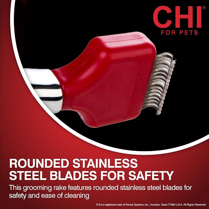 CHI for Dogs Dematting and Deshedding Undercoat Rake Dog Grooming Tool Long Hair and Double Coats Rounded Blade Teeth Remove Mats and Loose Undercoat Detangling Rake Shedding Control Ergo Handle