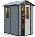DWVO Outdoor Storage Shed 4.4×6FT, Plastic Garden Resin Shed with 2 Windows, Reinforced Floor, Door Handle, Door Lock & Vents, Outdoor Tool Shed for Backyard Patio, Stores Bike Garden Tools, Blue-Gray