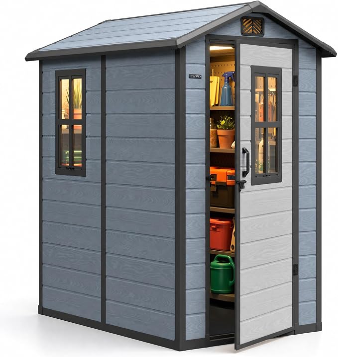 DWVO Outdoor Storage Shed 4.4×6FT, Plastic Garden Resin Shed with 2 Windows, Reinforced Floor, Door Handle, Door Lock & Vents, Outdoor Tool Shed for Backyard Patio, Stores Bike Garden Tools, Blue-Gray