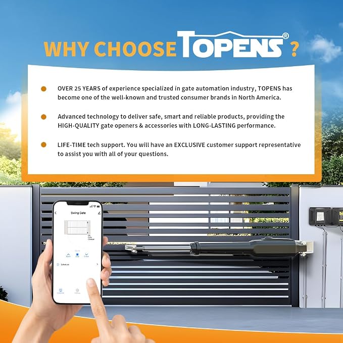 TOPENS XD851 Smart Gate Opener for Heavy Duty Single Swing Gates Up to 18ft, Automatic Gate Opener with App Control AC Powered Remote Control Kit Solar Compatible