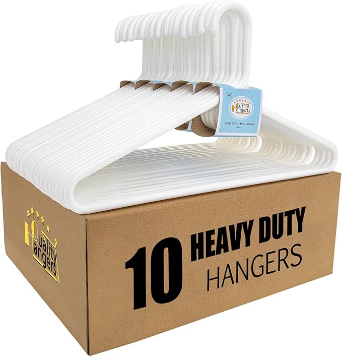 Quality White Plastic Hangers 10 Pack - Super Heavy Duty Multipack for Clothes - Thick Strong Standard Closet Clothing Hangers with Hook for Scarves and Belts-17 for Coats (White, 10)