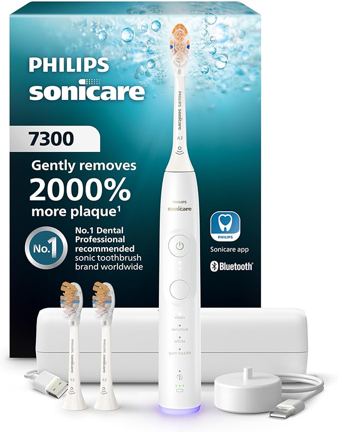 Philips Sonicare 7300 Series Electric Toothbrush - Next-Generation Sonicare Technology, Pressure Sensor, 12 Brushing Settings, SmarTimer, BrushPacer, 21-Day Runtime, Travel Case, White, HX7420/07