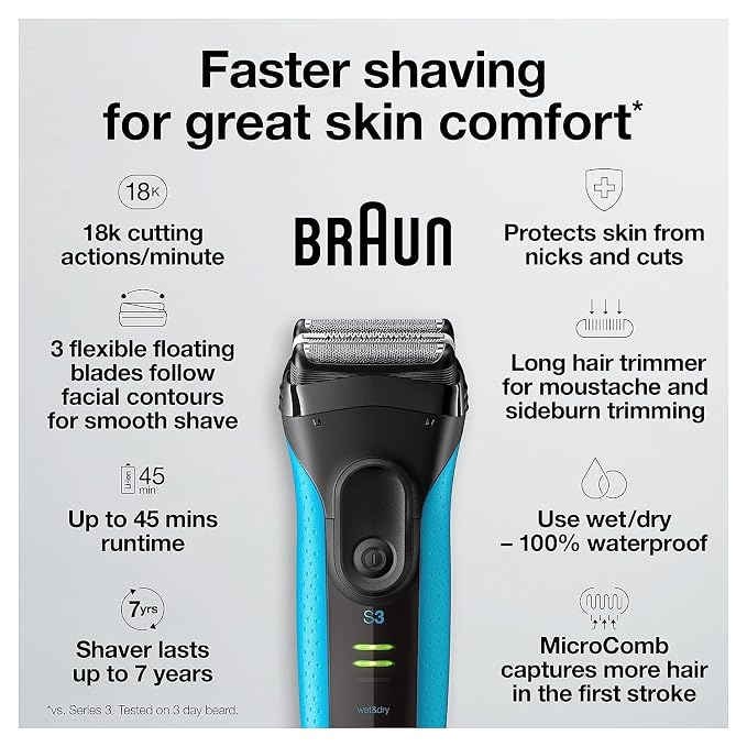 Braun Electric Series 3 Razor with Precision Trimmer, Rechargeable, Wet & Dry Foil Shaver for Men, Blue/Black, 4 Piece | Precision Trimmer, Rechargeable, Wet & Dry, Foil Shaver, 4 Piece