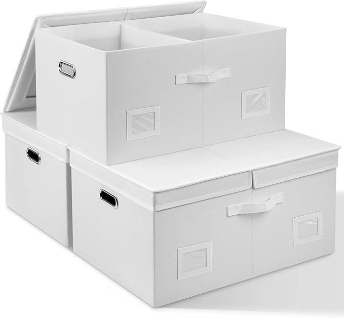 Graciadeco 75 Quarts Extra Large Decorative Storage Bins with Lids, 3 Packs White Collapsible Storage Bins with Lids, Stackable Storage Bins Decorative Box Storage With Lid Extra Large