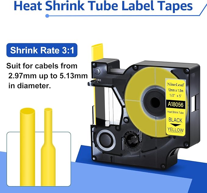 NineLeaf 5 Pack Compatible Labels Tape Replacement for Dymo 18056 1/2 inch Black on Yellow Heat Shrink Tube Labels 12mm x 1.5m for Wires and Cables Use in Rhino 4200 5200 5000 6000 3M Label Maker