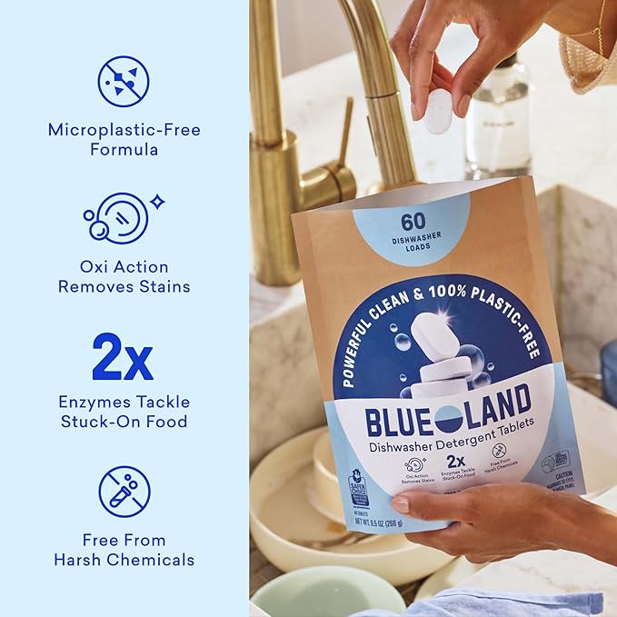 BLUELAND 100% Plastic-Free Dishwasher Detergent Tablets, 120 Count, Free & Clear, Eco-Friendly Dishwashing Pods, Cuts Grease & Stuck on Food, Rinses Clean for Streak-Free Shine