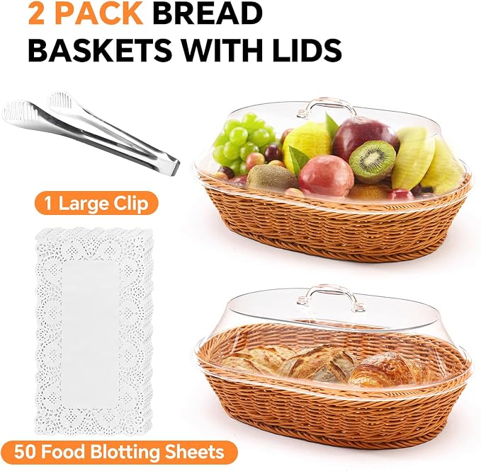 Rattan Bread Baskets, 2 Pack, Oval Woven Baskets with Acrylic Lids, 15.75 x 11.81 inches, Stainless Steel Tongs, Lace Doilies, for Bread, Fruit, Food Display