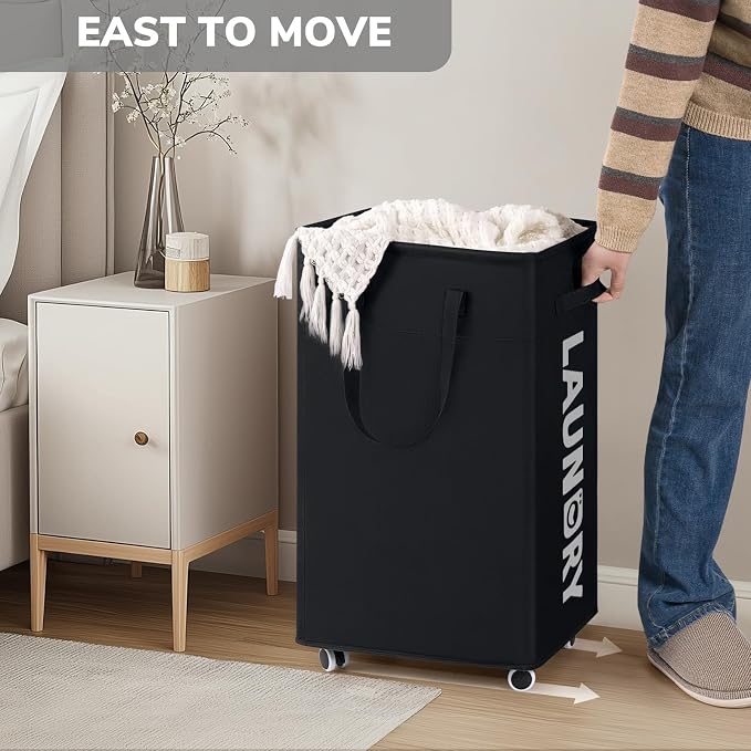 Goodpick Black Laundry Hamper with Wheels, 75L Dirty Clothes Hamper with Removable Wash Bag for Laundry Room, Rolling Laundry Basket