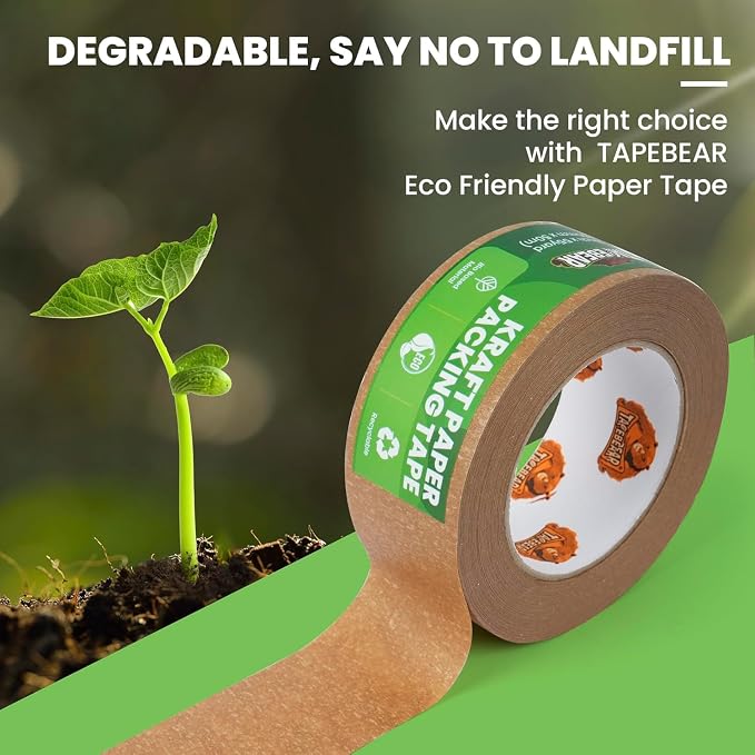 TAPEBEAR Eco-Friendly Kraft Paper Tape with Dispenser, Biodegradable Heavy Duty Packing Tape 2Inch x 55Yard, Recyclable Packaging Tape Self Adhesive Box Tape for Shipping, Sealing, Moving, 6Rolls