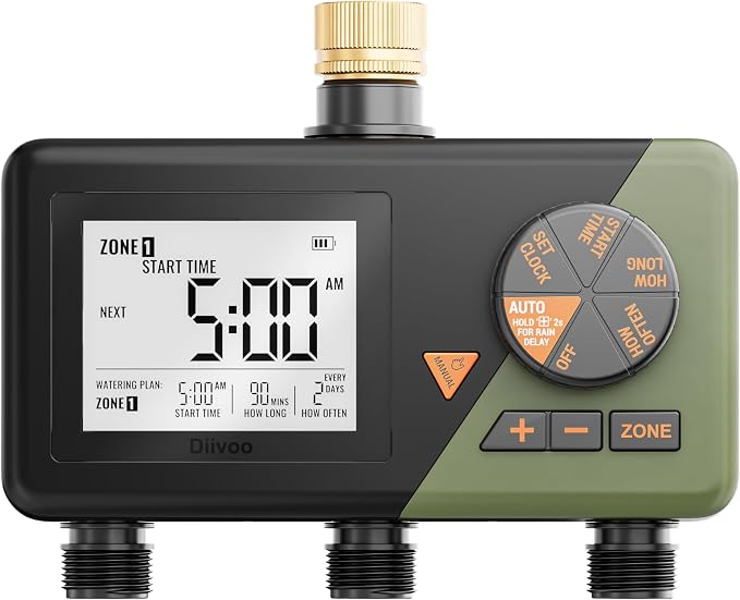 Brass Sprinkler Timer 3 Zone, Diivoo Water Hose Timer 3 Outlet for Garden, Programmable Automatic Irrigation with Rain Delay and Manual/Auto Mode Watering for Lawn, Yard, Pool