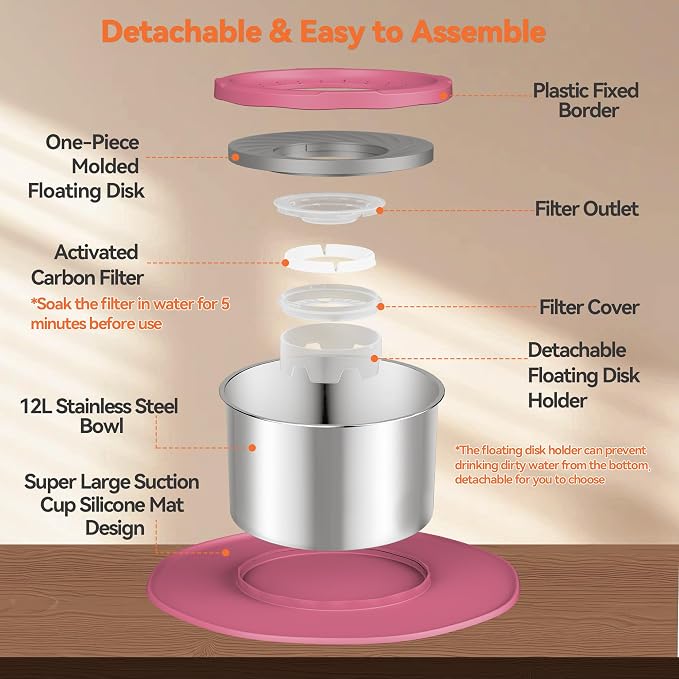 Decflow 12L No Spill Dog Water Bowl for Large Dogs, Stainless Steel Spill Proof Bowls with Suction Cup Anti-Skid Mat, Slow Feeder for Messy Drinkers, Heavy Duty Pet Bowls for Indoor/Outdoor Pink