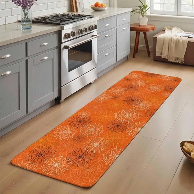 Orange Halloween Bathroom Runner Rugs Non Slip Washable Absorbent Narrow Long Bath Mat Black White Net Halloween Runner Rugs for Kitchen Hallway Bedroom Laundry Study Room 15.7"x47.2"