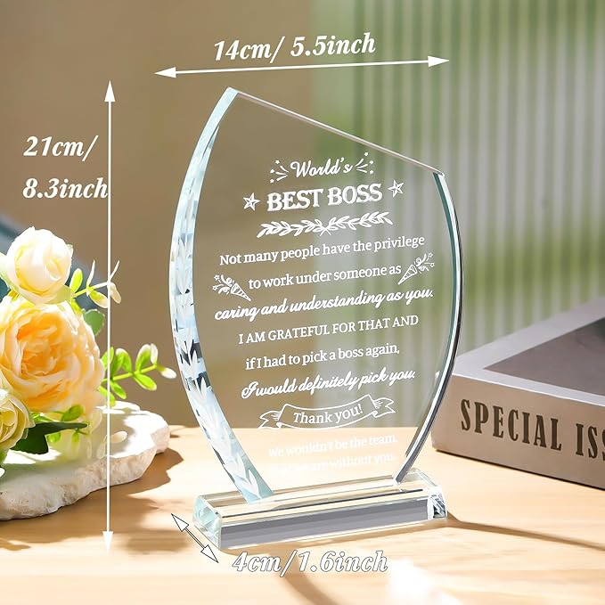 Movdyka Boss Gifts for Men Women Crystal Keepsakes Plaque World's Best Bosses Gift Appreciation Thank You Great Boss's Day Birthday Ideas for Boss Farewell Retirement Office Decor