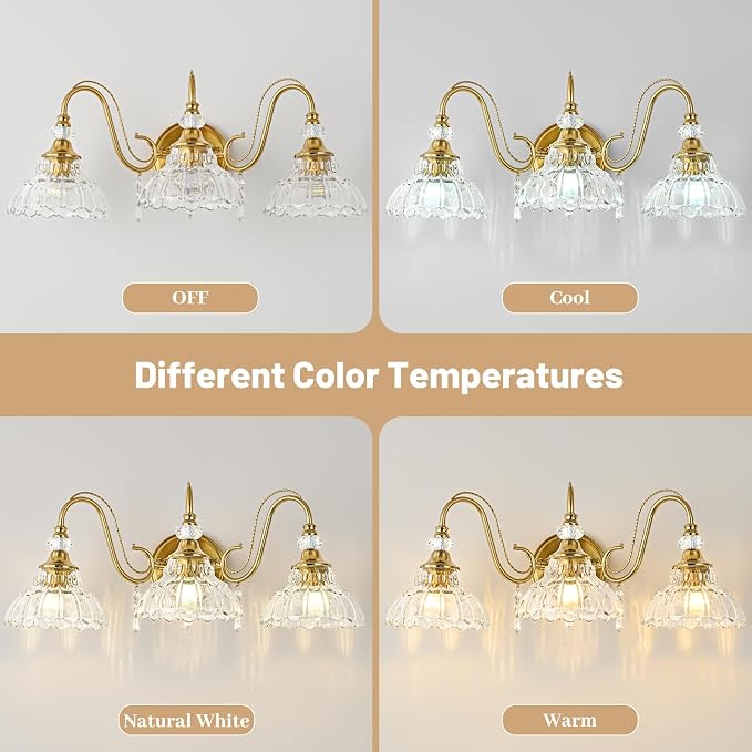 Vintage Bathroom Vanity Light, 3-Light Brushed Gold Finish Wall Sconce with Hanging Crystal Accents and Flower-Shaped Clear Glass Shades, Retro Wall Mount Vanity Light Over Mirror for Bathroom