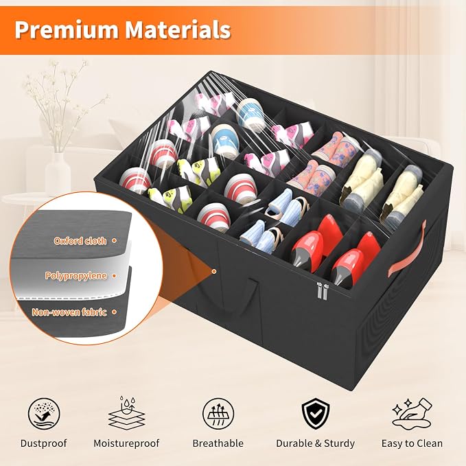Aokeyee 2 Pack Shoe Organizer for Closet, Large Shoe Storage Box, Black | Fits up to 48 Pairs, Stackable, Space Saving, Foldable, Shoes Organizer Bin with Clear Cover, 4 Reinforced Handles