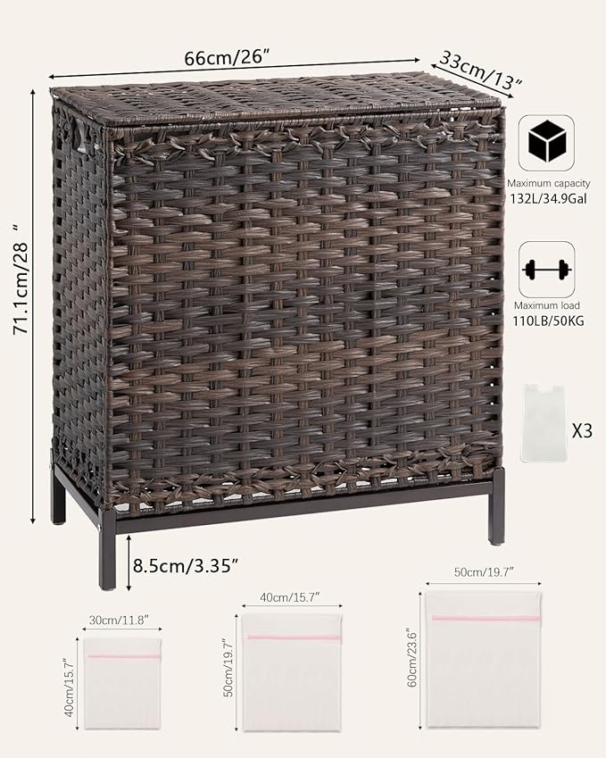 SETVSON Laundry Hamper with Lid, 35 Gal 3-Bag Clothes Sorter, Brown | Large Family Laundry Trunk with Lid, 3 Compartment Sorting Liner, 6 Wash Bags, Elevated PE Rattan Bin with Handles