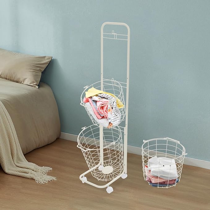 3 Tiered Storage Basket Laundry Basket with lockable Wheels,White | Ru-stpr-oof Metal Storage Cart,Easy Assembly, Load 33lb, Removable Wire Basket Organizer for Laundry Kitchen Market Bathroom