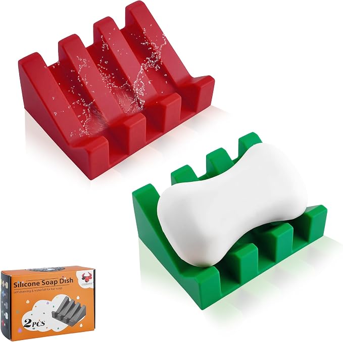 Self Draining Soap Dish Holder,Silicone Soap Dish,for Bathroom,Kitchen, Sponges，Can Extend Soap Life，Keep Soap Bars Dry and Easy Cleaning (Red+Deep Green,2-Pack)