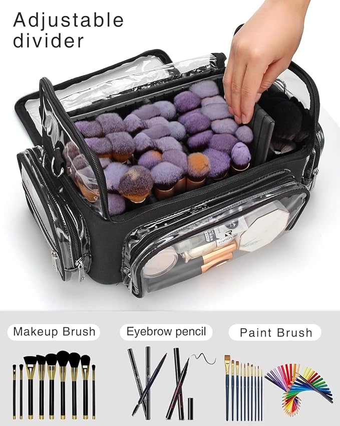 TANTO Makeup Brush Case, Clear Extra Large Cosmetic Organizer Holder Professional Makeup Artist Train Case with Adjustable Dividers&Strap Portable Makeup Brush Holder (02A-Black（XX Large）)