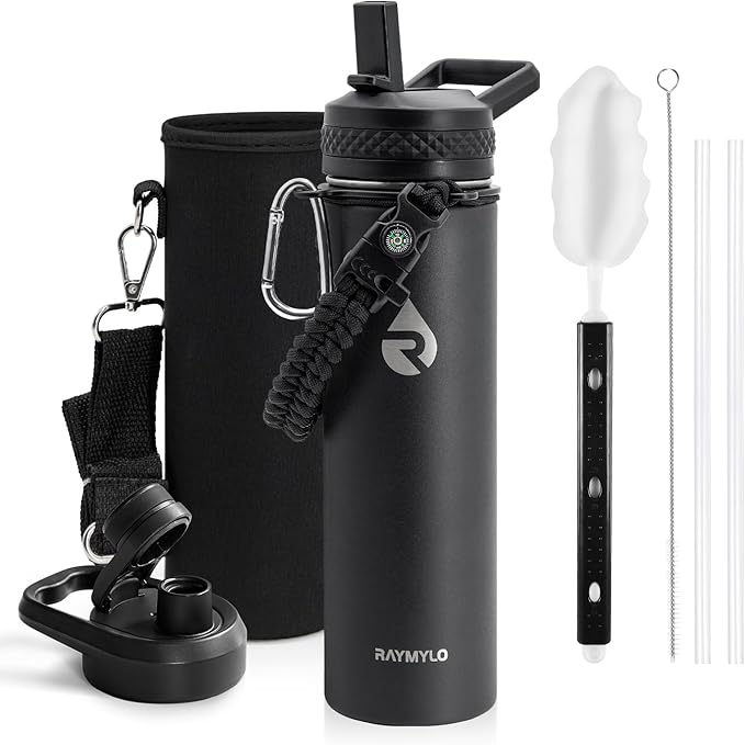 RAYMYLO Insulated Water Bottle 20 oz, Triple Wall Vacuum Stainless Steel (Cold for 24Hrs, Hot for 12Hrs), Leak Proof & Non-BPA, Modern Water Bottle Jug for School with Straw Spout Lids