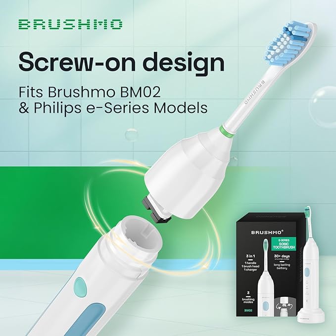 Brushmo e-Series Sensitive Replacement Toothbrush Heads, Compatible with Philips Sonicare Screw-on Electric Toothbrush Handles, 6 Standard Replacement Heads, Ultra Soft Dupont Bristles, BM756, White