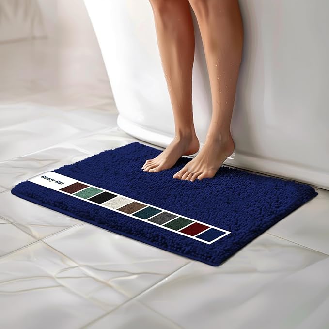 Muddy Mat® | Chenille Bathroom Rugs Quick Dry Microfiber Mats Non Slip Washable, Extra Thick, Soft and Highly Absorbent Bath Mats for Bathroom, Kitchen, and Shower Floor - Navy Blue 18"x28"