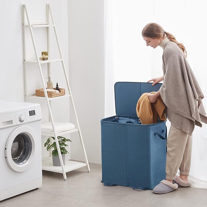 Lifewit Double Laundry Hamper with Lid and Removable Laundry Bags, Large Collapsible 2 Dividers Dirty Clothes Basket with Handles for Bedroom Laundry Room Closet Bathroom College, 136L Blue