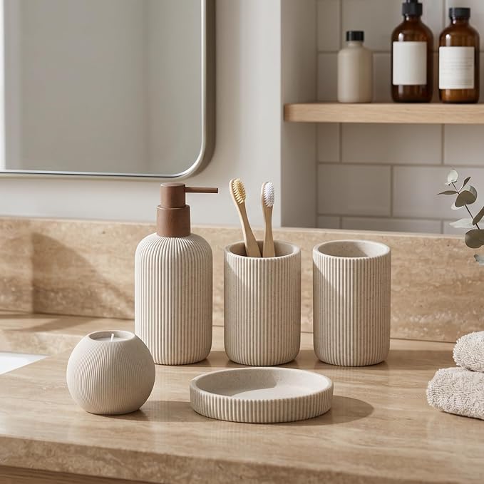 Bathroom Accessories Set, 5 PCS Modern Bath Organizer, Beige | Sandstone Look, Stripe,13.53 OZ Soap Dispenser,Toothbrush Holder,Tumbler,Soap Dish,Candle Holder for Countertop Kitchen Sink