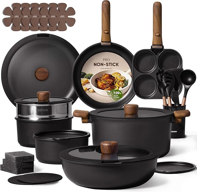 CAROTE 33pcs Pots and Pans Non Stick, Cookware Sets Detachable Handle, Induction Kitchen Pots and Pans,NonStick Cooking Set, Oven/Dishwasher/Fridge Safe, Space Saving, Mothers Day Gifts