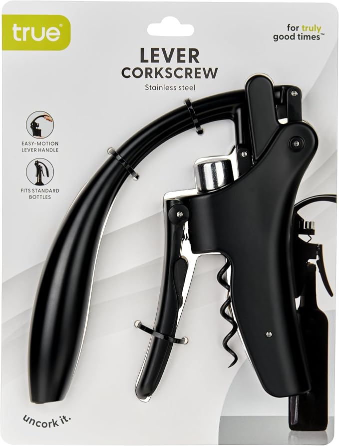 True Vertical Corkscrew Wine Opener with Easy Motion Lever Handle, Durable Stainless Steel and Plastic, Perfect for Home Bar, Kitchen, Outdoor Party, Housewarming Gifts, Set of 1, Black