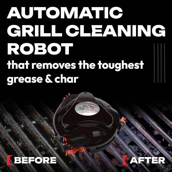 Grillbot Automatic Grill Cleaning Robot with Nylon Brushes, Electric BBQ Cleaner Brush with Motorized Power, Cordless Rechargeable Grill Scrubber for Outdoor Grills (Red and Case)