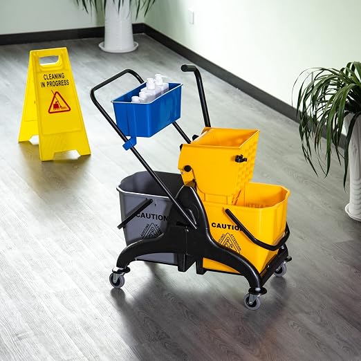 HOMCOM Mop Water Bucket Wringer Cart, Double Mop Bucket, 2 x 6.9 Gallon | Side Press Wringer, Smooth Wheels, Mop-Handle Holder, Easy to Use