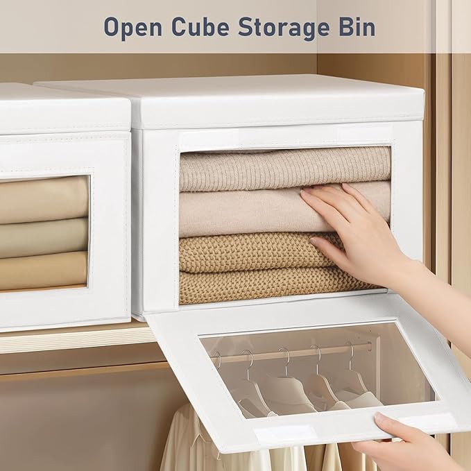 DIMJ Storage Bins with Lids - 5 Pack Large Fabric Closet Organizer with Window & Handles, Collapsible Decorative Storage Boxes for Shelves Under Bed, Books Clothes Blankets Sweaters Organization