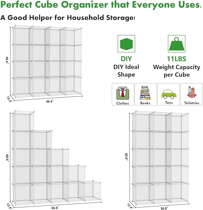 C&AHOME 16 Cube Storage Organizer Cube Shelves Units Storage Cubes, Twill | Plastic DIY Closet Organizer, Stackble Modular Closet Storage Shelves Ideal for Home, Bedroom, 48.4" L × 12.4" W × 48.4" H