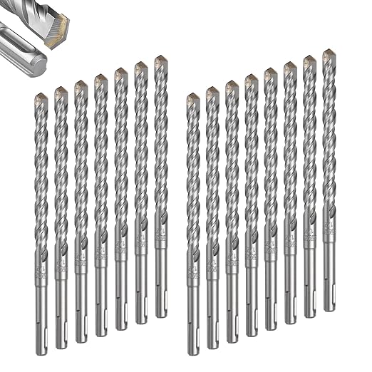 GEINXURN 15 PCS 1/2" x 8" Double Thread Rotary Hammer Drill Bits, Masonry Drill Bits Tool Set Carbide Tipped, Drilling in Brick, Stone and Concrete, Cement Walls