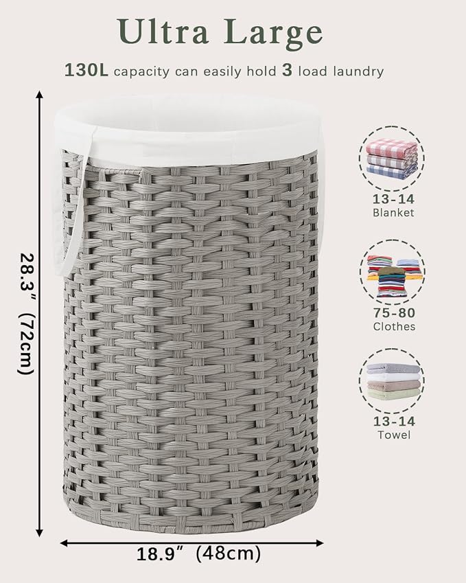 SETVSON 34.3 Gal (130 L) Large Laundry Hamper Laundry Basket Round Handwoven Wicker Laundry Baskets Rattan Laundry Basket with Removable Bag Handles 2 Mesh Bags for Living Room Bedroom Gray (No Lid)