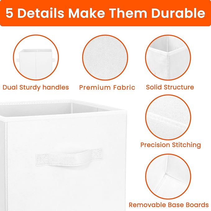 Storage Cubes, 11 Inch Cube Storage Bins for Shelves Closet Nursery Bedroom - 10 Pack Collapsible Baskets with Handles - Fabric Bins for Organizing Magazines Clothes Blanket Toys (White)
