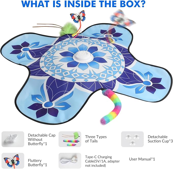 Wortade Interactive Cat Toys for Indoor Cats Rechargeable, Moving Concealed Wand Feather, Automatic Fluttering Butterfly Cat Stimulation Toys for Indoor Cats, Hide and Seek Kitten Toy (Blue)
