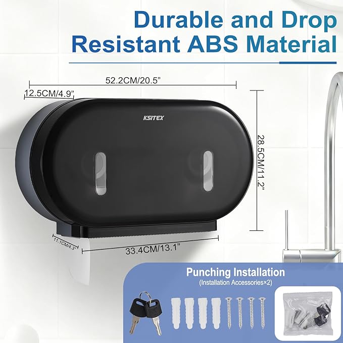 Twin Jumbo Roll Toilet Paper Dispenser, Commercial 9” Double Toilet Paper Holder Wall Mount, Industrial Tissue Dispenser with Key Lock, Tissue Holder with Dual Dispenser for Bathroom