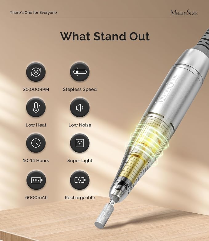 MelodySusie Entry-Level Clip-On Rechargeable Nail Drill, SC320D 30000RPM Essential E-File with LCD Display for Manicure Shaping & Gel Removal, Perfect for Training, Nail Art Practice & Home Use