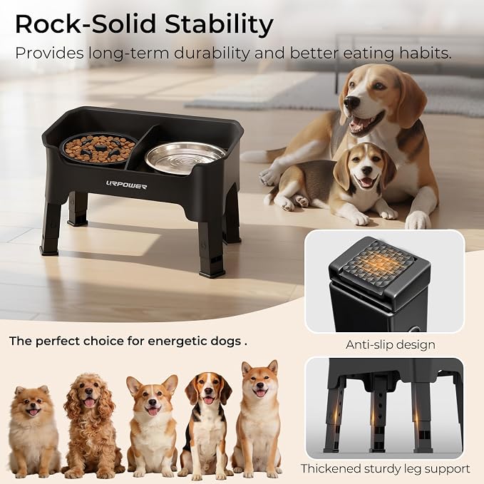 URPOWER Mess Proof Elevated Dog Bowls for Small Dogs with Slow Feeder | No Spill Water Bowl, Slow Feeder Dog Bowls, Non-Slip Food and Water Bowl Set for Small, Medium & Large Dogs