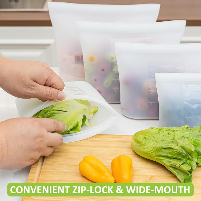 Reusable Silicone Food Storage Bags Quart 4 Pack, Stand Up Ziplock Reusable Freezer Sandwich Bag Containers for Food Travel, Freezer Microwave Oven Dishwasher Safe, Translucent, 33.8fl.oz