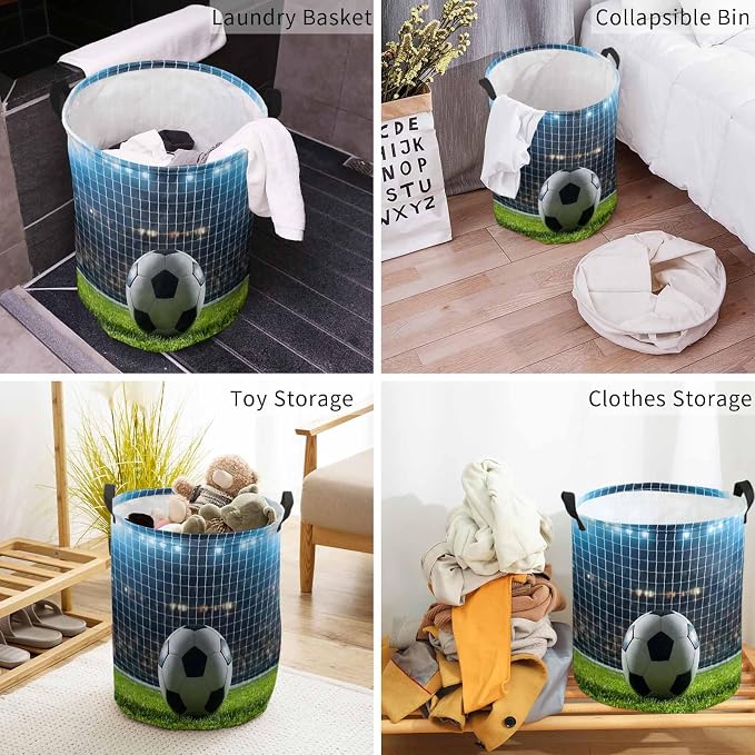 Collapsible Laundry Basket 60L, Football Storage Bin Laundry Hamper with Handles, Soccer Ball Sports Net Mesh Evening Match Waterproof Clothes Baskets for Bathroom/Bedroom 16.5 x 17 In