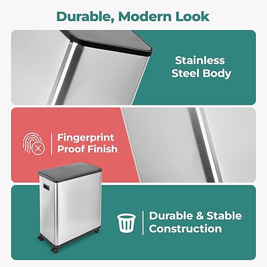 HOLDN’ STORAGE 60L Dual Kitchen Trash & Recycling Bin, Motion Sensor Opening, Soft-Close Lid, Removable Inner Buckets, Stainless Steel, 2 Trash Bag Rolls Included