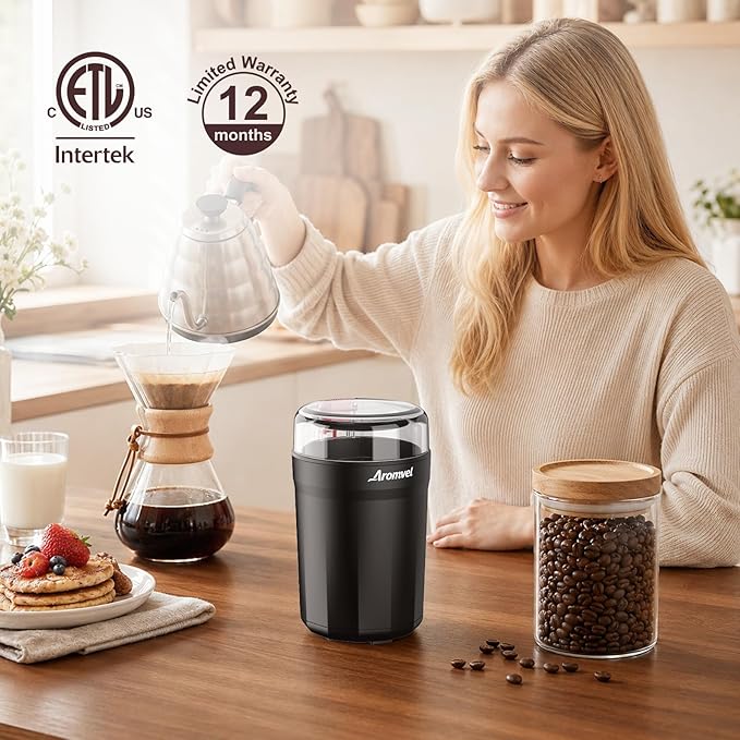 Electric Coffee Grinder, One Touch Coffee Mill with Stainless Steel Blades, Adjustable Coarse to Fine for Coffee Beans, Spice & Dry Grinding, 2-in-1 Cleaning Brush & Scoop, Safety Lid