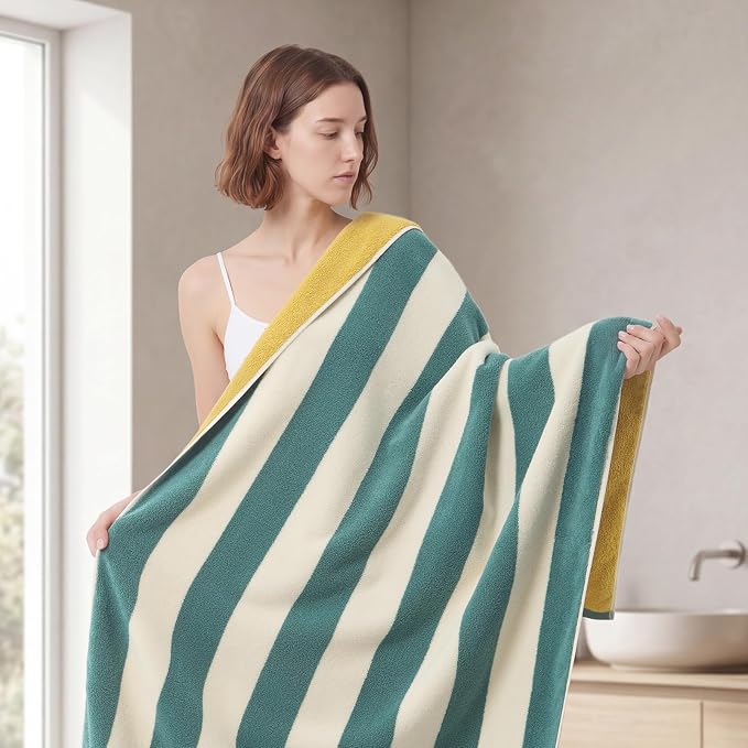 REDKISS 2 Pack Extra Large Striped Bath Towels, 31 x 63 Inches, 100% Cotton, Larger & Quicker to Dry, Super Soft and Highly Absorbent Towel, Perfect for Bathroom, Green
