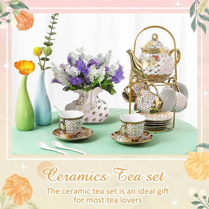 Zhehao 20 Pcs Porcelain Tea Set with Metal Holder and Spoon Adult Ceramic Tea Set European Flower Painting Teapot Cup Saucer Spoon for Women Mom Gift, Large Version (Delicate Style)