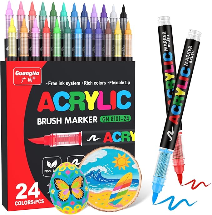 Guangna Acrylic Paint Markers Brush Tip, 24 Vivid Colors with Direct-Liquid Ink Control System, Professional-Grade Paint Pen for Rock Painting, Canvas, Glass, Plastic, Fabric, Eggs